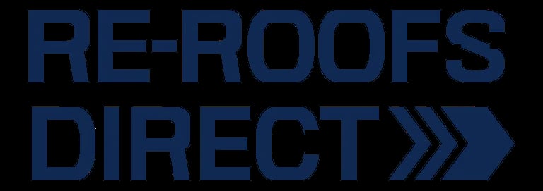 RE-ROOFS DIRECT logo with blue text and arrow symbol on black background