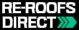 RE-ROOFS DIRECT logo with white text and green arrow chevron on black background